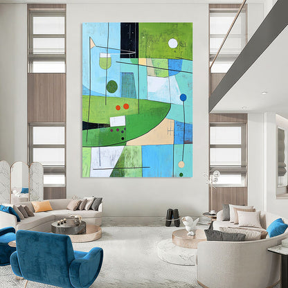 Contemporary abstract painting inspired by golf greens featuring dynamic lines and shapes with subtle color accents. DLZ0596