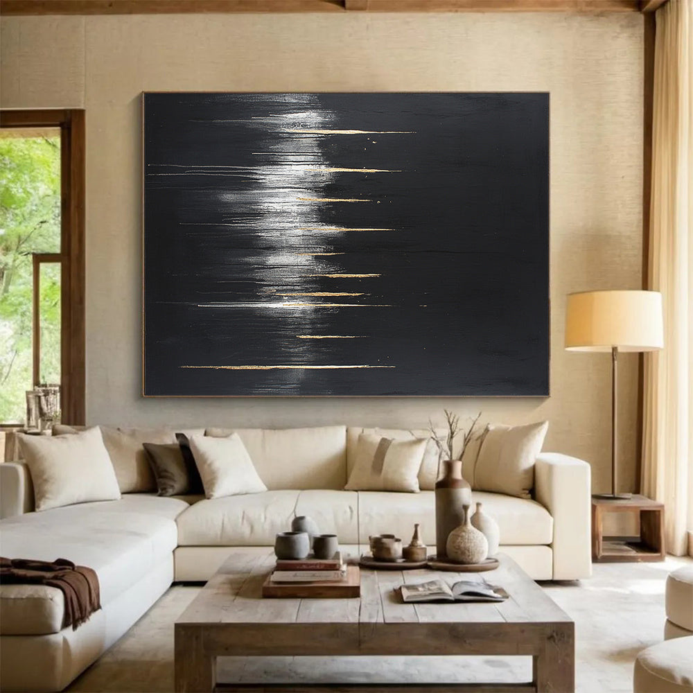 Black, Gold, White, Vertical Drips "Gilded Rain" Abstract Minimalist Painting On Canvas HB085