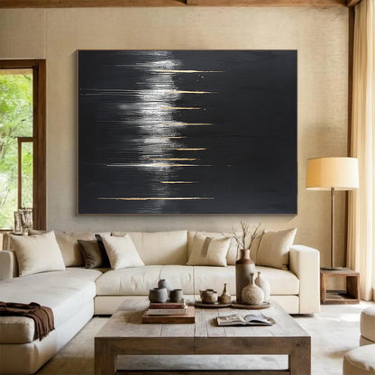Black, Gold, White, Vertical Drips "Gilded Rain" Abstract Minimalist Painting On Canvas HB085