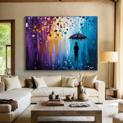 “Color - Dripping Umbrella Silhouette” - Purples, Blues, Oranges, Figure with Umbrella - Palette Knife Acrylic Painting HB1587