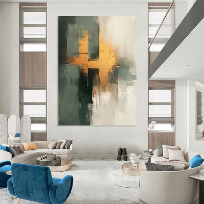 Contemporary hand-painted abstract artwork featuring neutral tones with sage green and gold accents, exuding a soft and gentle aesthetic on textured canvas. DLZ0555