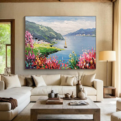 Lakeside Village with Sailboat - Romantic Living Room or Bedroom Art DLZ209