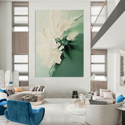 Contemporary abstract painting featuring a white and green flower with fluid shapes soft edges and vibrant colors in a dreamy texture. DLZ0606