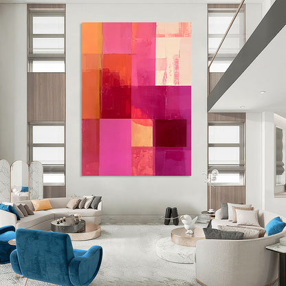 Large contemporary hand-painted abstract artwork featuring a vibrant hot pink and peach color scheme with bold squares and rectangles. DLZ1327