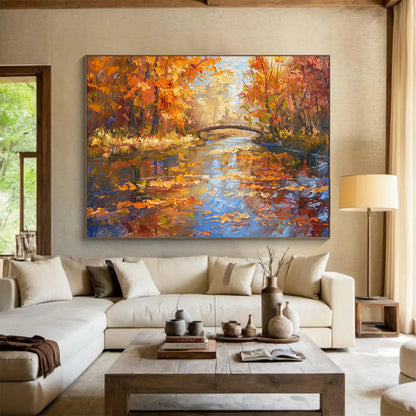 Autumn Forest River & Bridge - Cozy Living Room or Office Art DLZ196