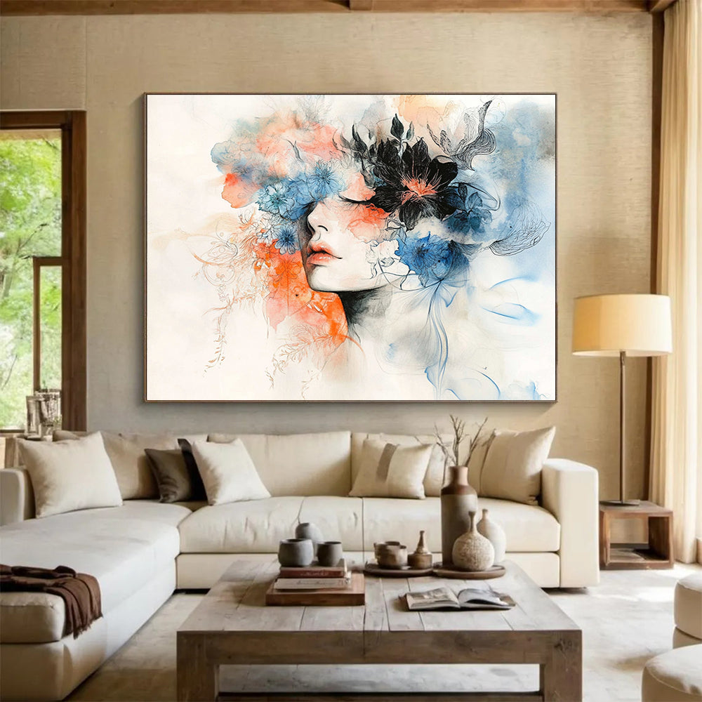“Dreamy Floral Portrait” - Blue, Orange, Floral, Portrait Painting On Canvas HB0759