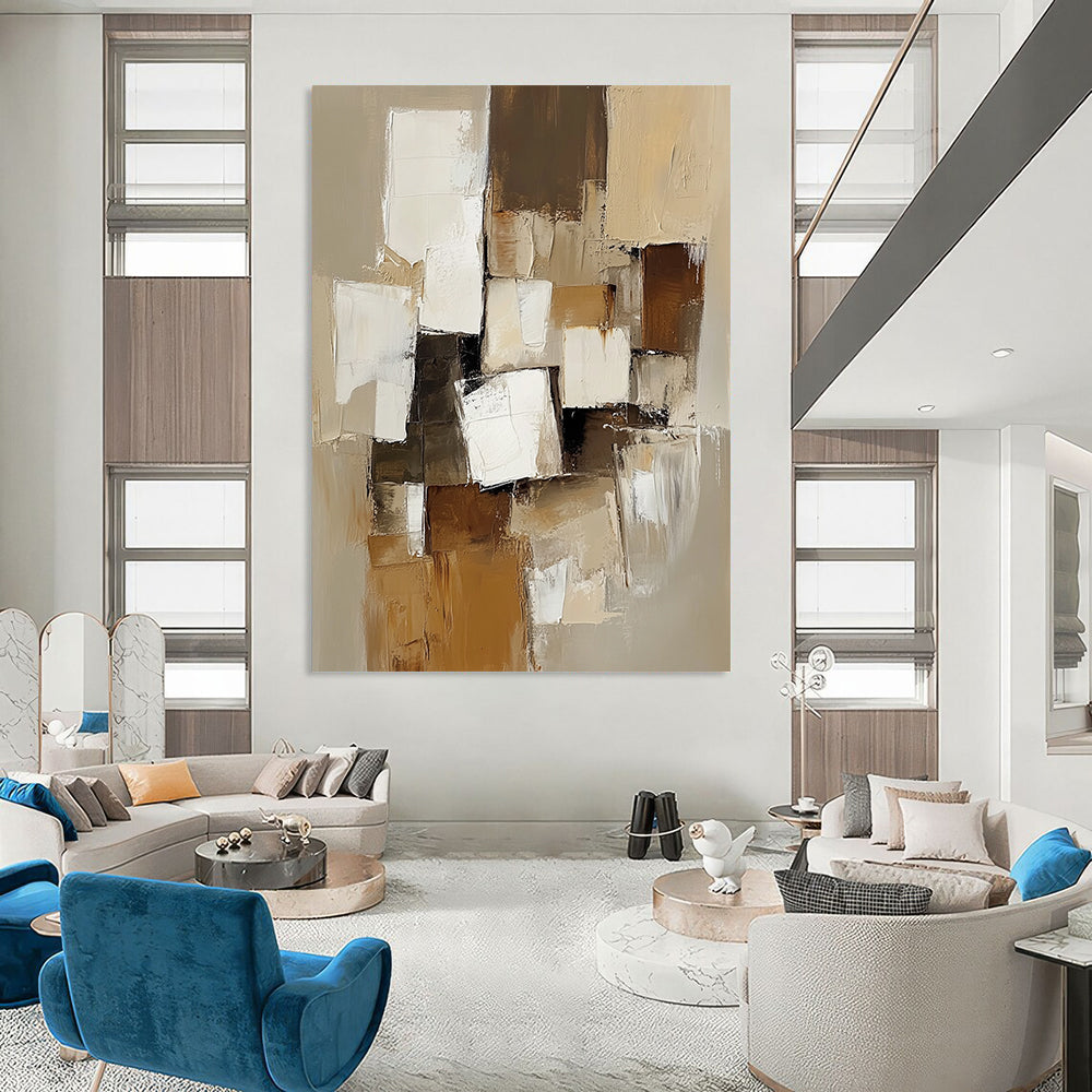 Large contemporary hand-painted abstract artwork featuring beige and white blocks with thick brush strokes in muted earthy tones for a calming and elegant ambiance DLZ0975