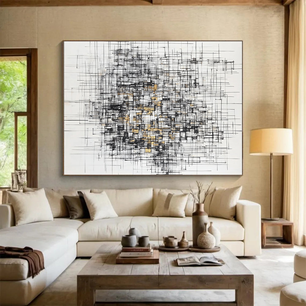 Black, White, Gray, Gold, Interwoven Lines "Gilded Urban Tapestry" Abstract Expressionist Painting On Canvas HB131