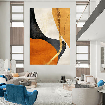 Contemporary hand-painted abstract art featuring gold and black shapes on an orange background with flowing lines and natural organic curves. DLZ0387