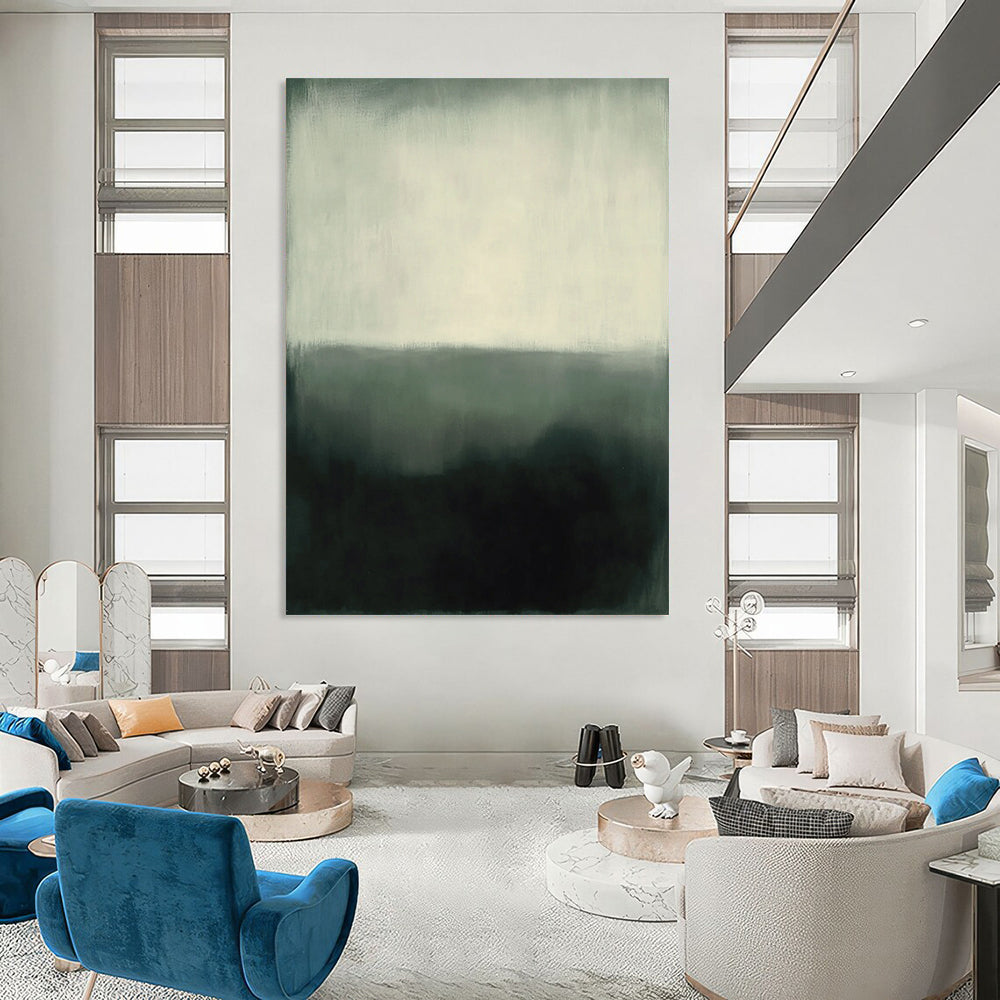 Abstract expressionism in muted gray and white tones featuring heavy brush strokes and a hazy atmosphere against a dark green background. DLZ1033