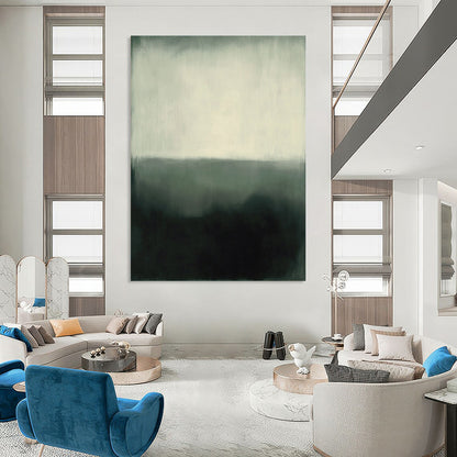 Abstract expressionism in muted gray and white tones featuring heavy brush strokes and a hazy atmosphere against a dark green background. DLZ1033