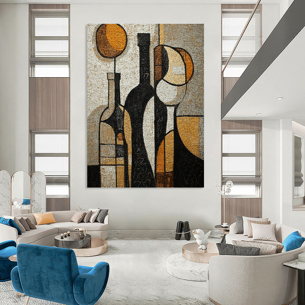 Contemporary hand-painted abstract artwork featuring textured wine bottles and glasses in rich tones of black brown white beige grey and gold. DLZ1427