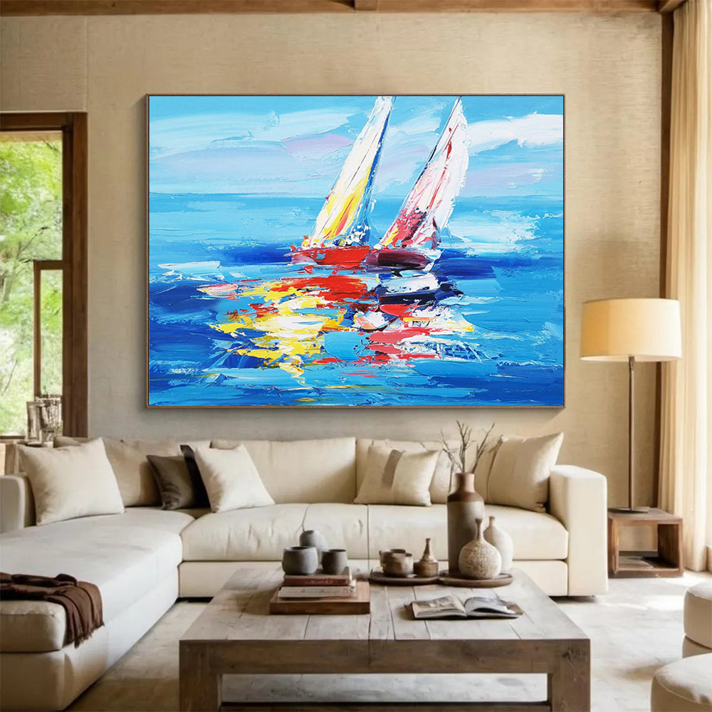 Colorful Sailboats on Blue Sea - Vibrant Coastal Living Room Art DLZ266