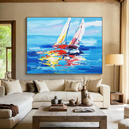 Colorful Sailboats on Blue Sea - Vibrant Coastal Living Room Art DLZ266