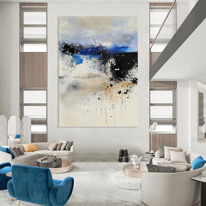 Contemporary large abstract painting featuring pale colors with dark blue and gray tones ethereal landscape textured canvas dreamlike atmosphere harmonious composition. DLZ0942