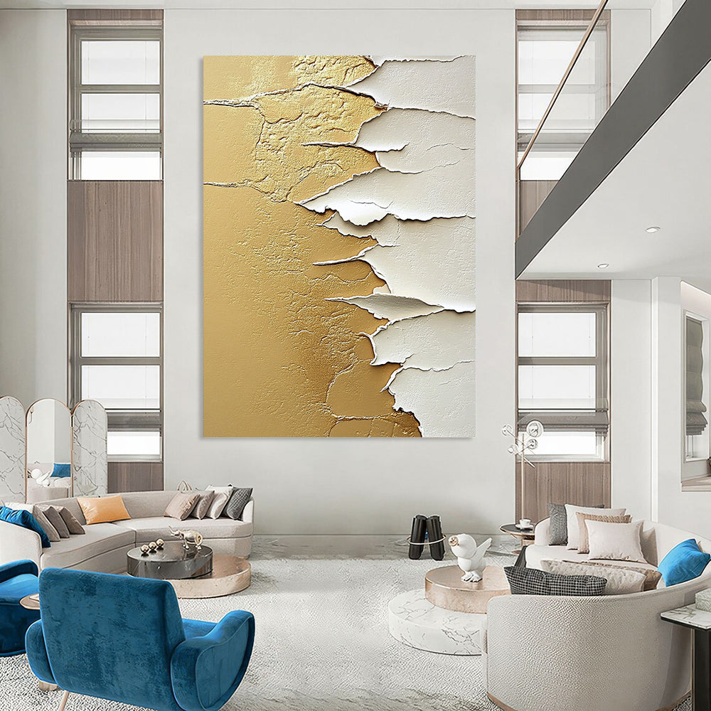 Contemporary abstract painting features textured white paper on golden sand with intricate details in beige and gold tones creating a captivating composition. DLZ1439