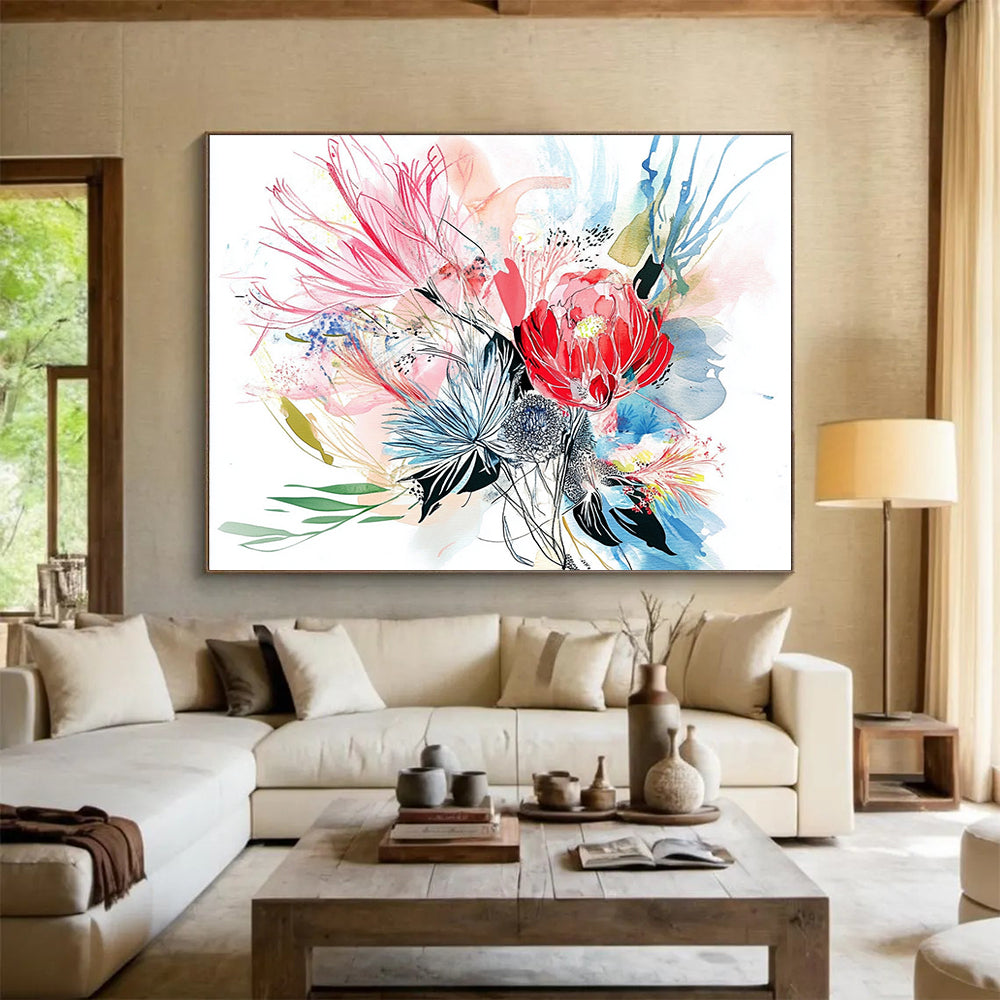 Watercolor Floral Burst - Delicate Mixed - Media Painting On Canvas HB0474