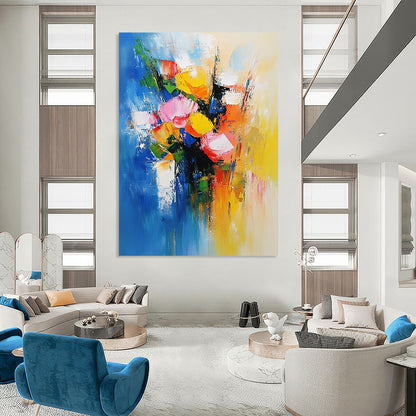 Bold contemporary abstract painting featuring vibrant flowers against soft blue and yellow tones evoking joy and vitality with dynamic brushwork. DLZ0374