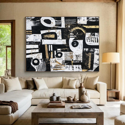 Black, White, Gold and Gray Abstract Symbols "Mystic Symbols" Painting On Canvas HB342