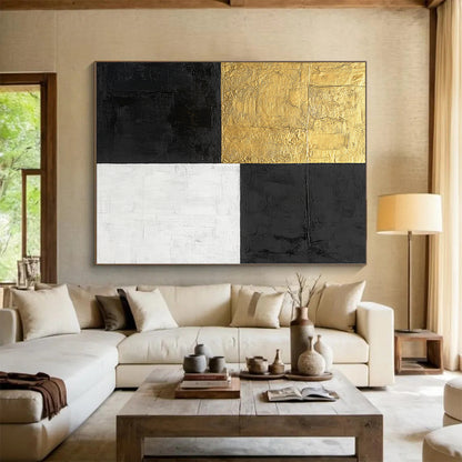 Black, Gold, White with Bold Squares "Minimalist Impact" Abstract Painting On Canvas HB009