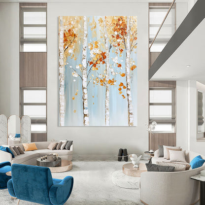 Contemporary abstract painting features birch trees with gold and white leaves on a light blue background with white trunks and orange flowers. DLZ0612