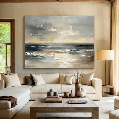 “Moody Ocean Horizon” - Greys, Browns, Blues, Dramatic Ocean - Impasto Oil Painting HB1603