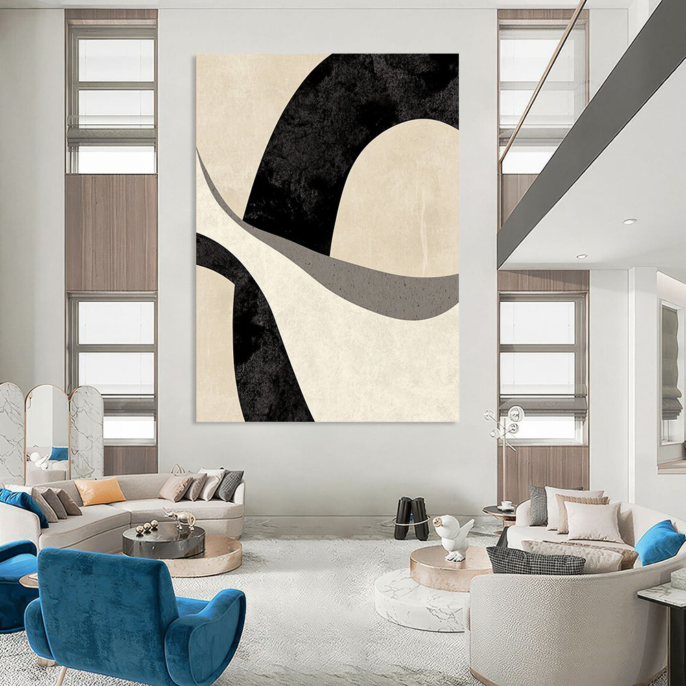 Contemporary abstract art featuring a fluid black and white "F" design on a beige background, evoking movement and a dreamy atmosphere. DLZ1221