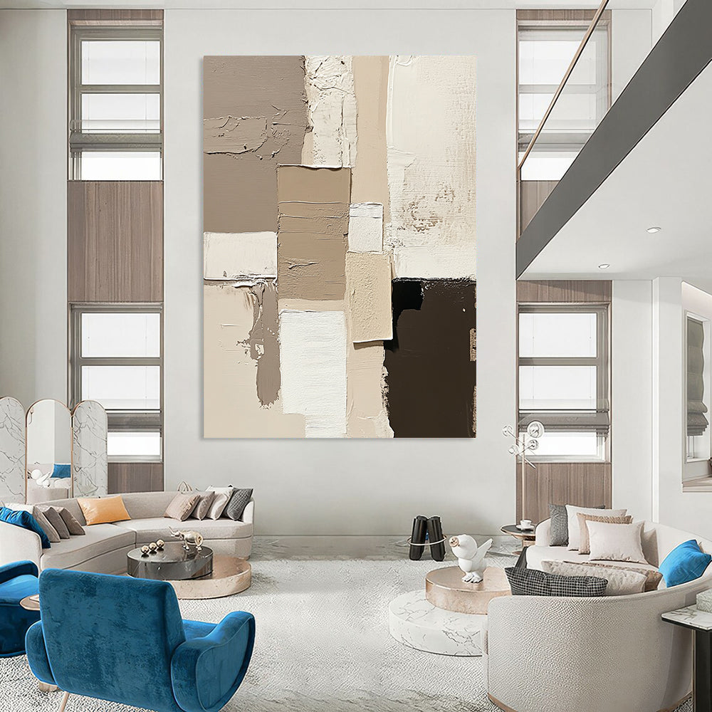 Large contemporary hand-painted abstract artwork featuring beige and neutral tones with expressive brush strokes on a minimalist canvas. DLZ0293