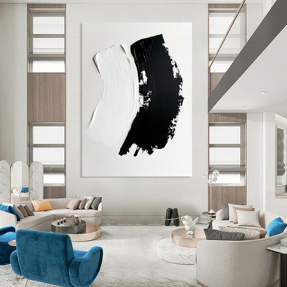Contemporary hand-painted abstract art featuring dynamic black brushstrokes on white canvas showcasing depth and contrast in an engaging composition. DLZ1746