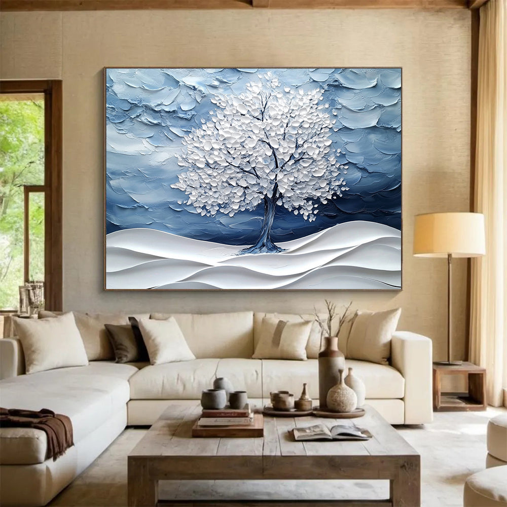 Blue and White Textured Tree "Winter Whisper" Painting On Canvas HB0423
