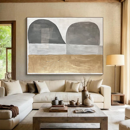 Gray, Silver, Gold and White Geometric Abstraction "Minimalist Geometry" Painting On Canvas HB396