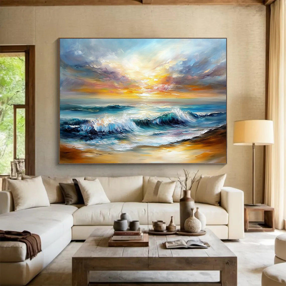 Dynamic Sea Waves Under Colorful Sky - Expressive Impasto Seaside Painting On Canvas HB0443