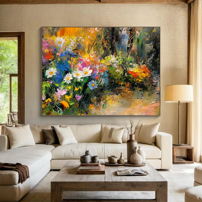 “Colorful Wildflower Garden” - Yellows, Whites, Blues, Pinks, Flower Field - Impressionist Oil Painting HB1567