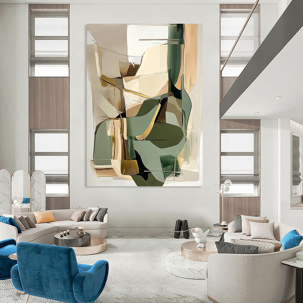 Contemporary hand-painted abstract artwork featuring beige and sage green shapes with gold accents perfect for modern interior design. DLZ0793
