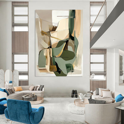Contemporary hand-painted abstract artwork featuring beige and sage green shapes with gold accents perfect for modern interior design. DLZ0793