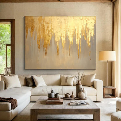 “Gold Drip Abstract” - Gold, Beige, Gray, Dripping Forms - Painting On Canvas HB1429