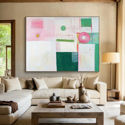 “Pastel Abstract Shapes” - Pink, green, white, Soft Abstract Painting HB0642