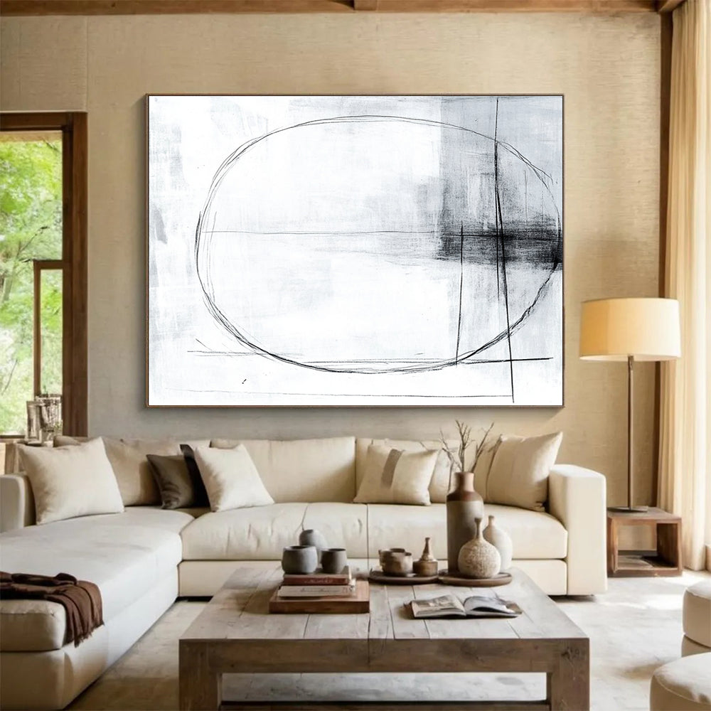 “Minimalist Lines” - Black, White with Simple Geometric Lines - Abstract Charcoal Drawing HB1344
