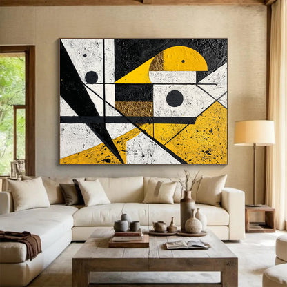 Black, White, Gold and Yellow Geometric Mosaic "Sunny Geometry" Painting On Canvas HB339