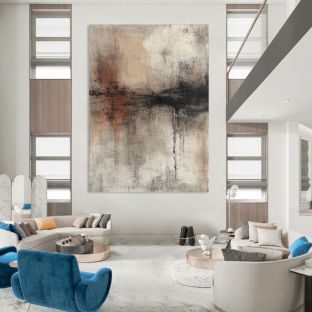 Contemporary hand-painted abstract artwork with a textured surface in neutral colors and muted tones showcasing a distressed look. DLZ0721
