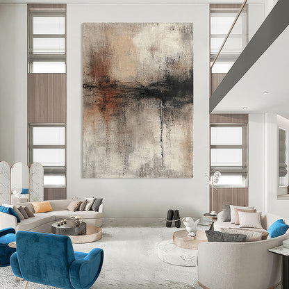 Contemporary hand-painted abstract artwork with a textured surface in neutral colors and muted tones showcasing a distressed look. DLZ0721