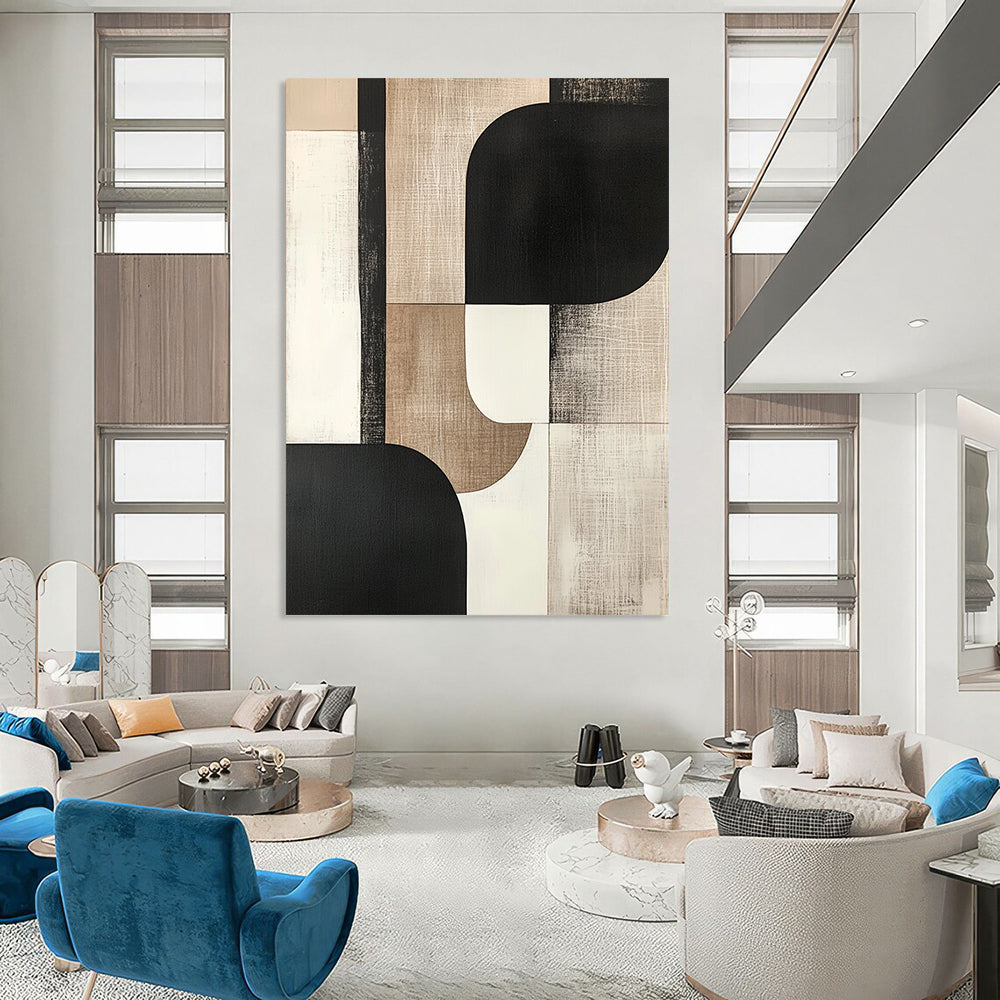 Contemporary hand-painted abstract art featuring bold shapes in black, white, beige, gray, and cream tones for a sophisticated aesthetic. DLZ0795