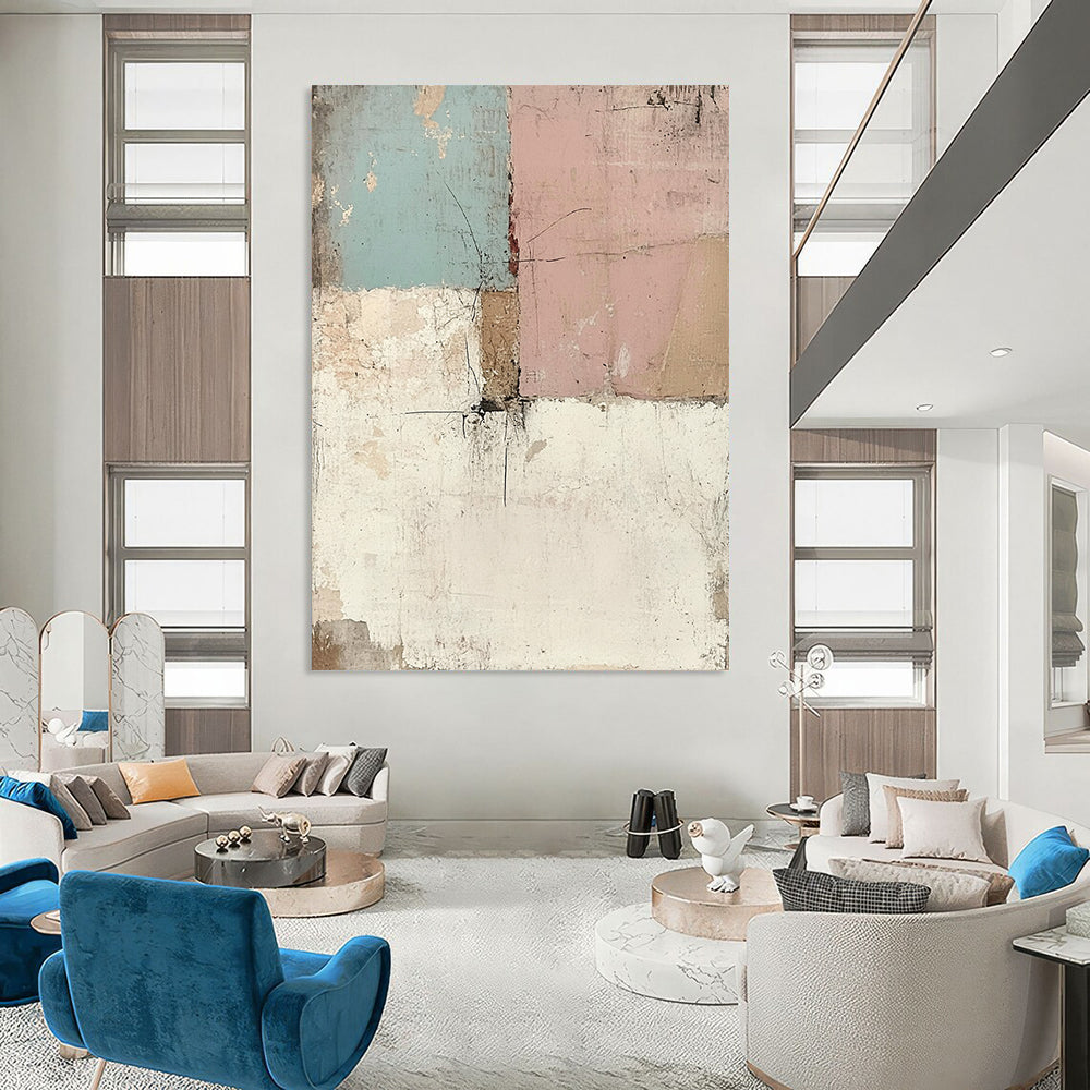 Contemporary hand-painted abstract art featuring a vintage wall effect with distressed pastel tones creating a unique textured visual experience. DLZ1501