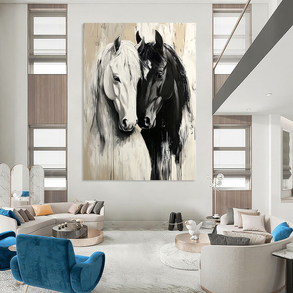 Contemporary large canvas painting featuring detailed black and white horses in love on a serene beige background with atmospheric brush strokes. DLZ1661