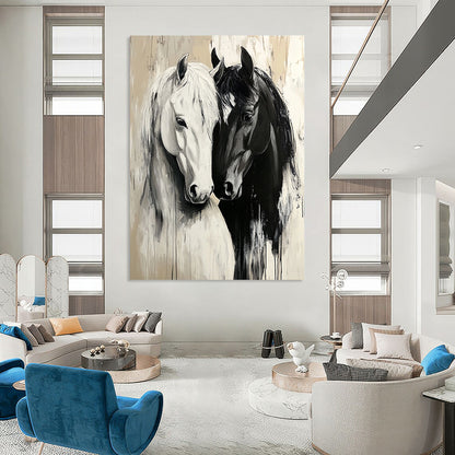 Contemporary large canvas painting featuring detailed black and white horses in love on a serene beige background with atmospheric brush strokes. DLZ1661