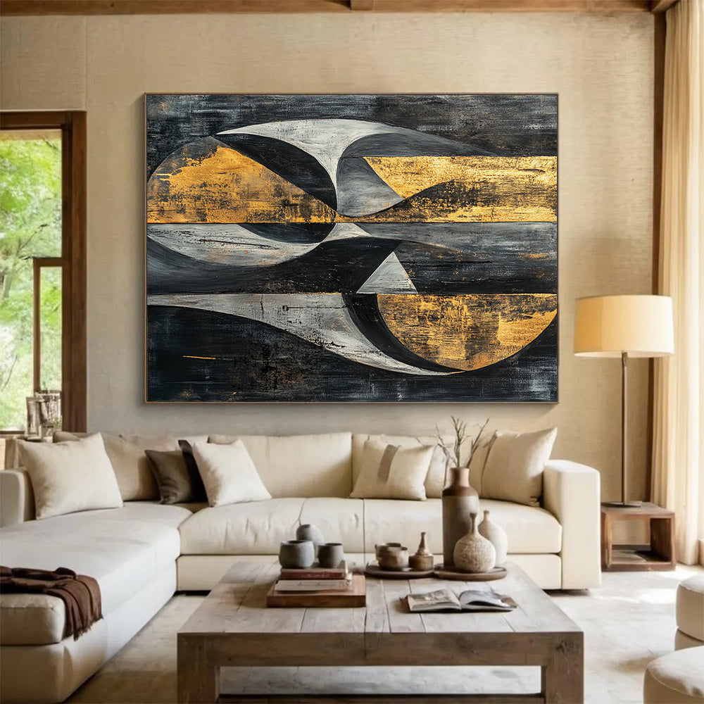 Gray, Black, Gold and Silver Geometric Abstraction "Mystic Geometry" Painting On Canvas HB397