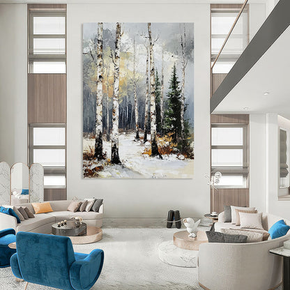 Contemporary abstract artwork featuring a birch forest in winter with textured brush strokes and a muted color palette of gray, white, and yellow. DLZ1673