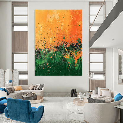 Contemporary abstract painting features vibrant orange and green landscape with splashes of gold and dynamic brush strokes under a surreal light. DLZ0498