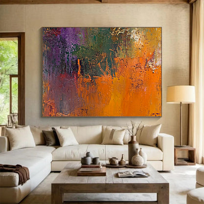 “Vibrant Textured Abstract” - Purple, Green, Orange with Thick Impasto - Painting On Canvas HB1394