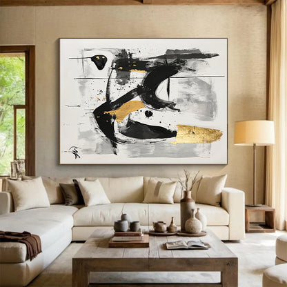 Black, Gray and Gold Abstract Swirls "Mysterious Whirl" Painting On Canvas HB326